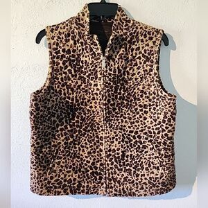 Charter Club Leopard Print Fleece Vest Brown And Beige Zip-Up Petite Size M